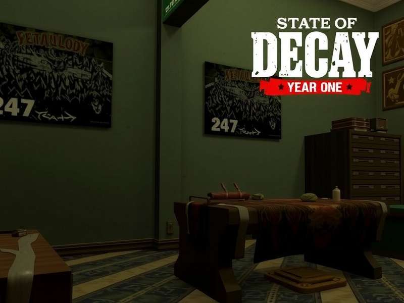 State of Decay Year One Survival Edition gameplay screenshot showing a character near a broken down storefront