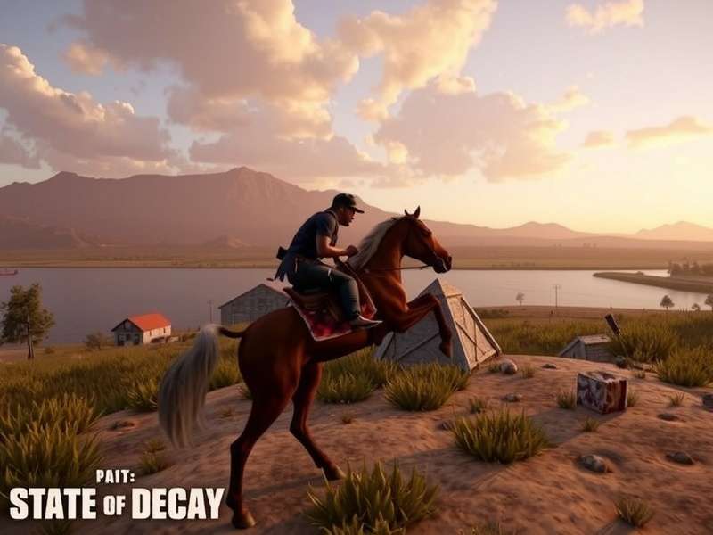 State Of Decay 3 concept art showing a fortified base with survivors defending against a horde of zombies at dusk